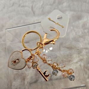 Elegant Gold & Cream Jeweled Heart Padlock with Key Charm Keychain